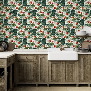 papier peint fruits vintage, papier peint fraise, murale botanique, papier peint mural, amovible, traditionnel ou peel and stick