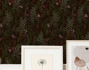 Papel pintado de bosque verde melancólico, mural adhesivo botánico gótico