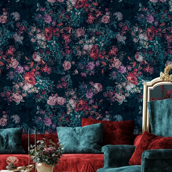 Papier peint floral baroque, papier peint de jardin secret, peinture murale de fleurs hollandaises foncées, salon sombre, papier peint traditionnel amovible