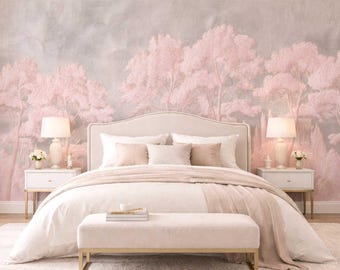 Mural de pared Bosque Rosa: Árboles en tonos pastel suaves, escena romántica vintage.