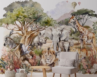 Safari Tiere Aquarell Wandbild: Tapete abziehen und aufkleben