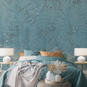 May include: A bedroom featuring a teal map-themed wallpaper and a bed with a teal quilt and pillows. Two white lamps with rectangular shades are on either side of the bed. A grey blanket with a fringe is draped over the bed.