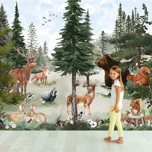 Foresta di pini acquerellata, carta da parati adesiva con effetto bosco, decalcomania in tessuto per la decorazione della cameretta dei bambini - murale di dimensioni personalizzate - FORESTA MAGICA