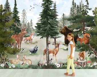 Papel pintado autoadhesivo con diseño de bosque de pinos en acuarela: Mural infantil con temática de bosque