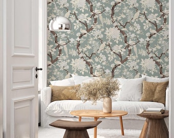 Chinoiserie Wallpaper: Kirschblüten Vogel, Wandbild, Schälen und Aufkleben