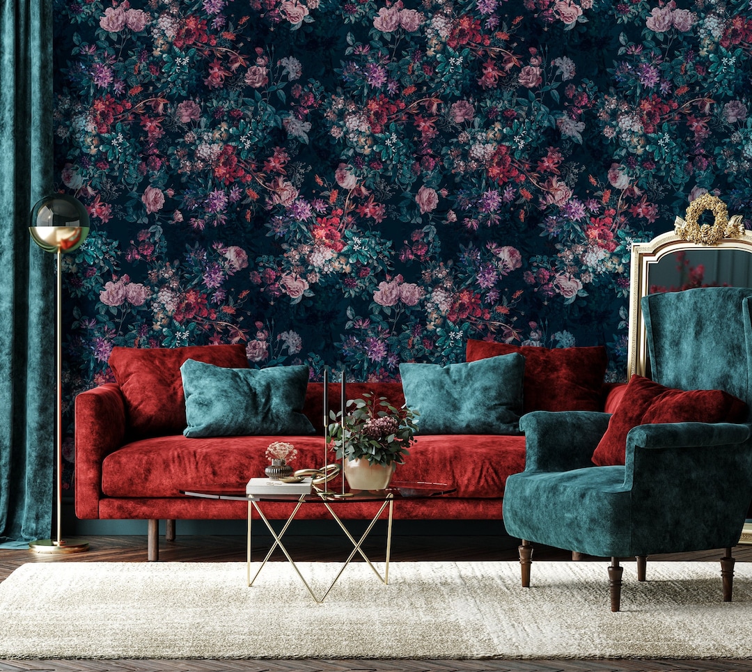 Baroque Floral Wallpaper Secret Garden Wallpaper Dark Dutch Etsy