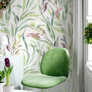 Green Leaf watercolor Peel and Stick Wallpaper, Foliage Removable Repositionable or Traditional