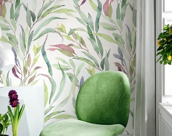 Green Leaf watercolor Peel and Stick Wallpaper, Foliage Removable Repositionable or Traditional