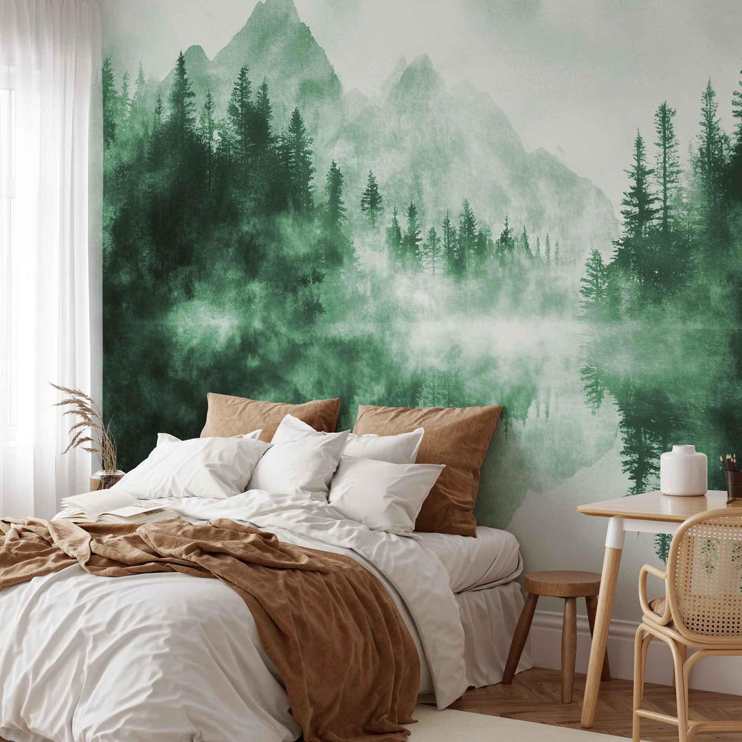 Watercolor Foggy Forest Pine Tree Mural: Peel & Stick Woodland ...