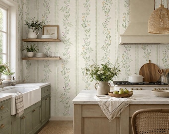 Carta da parati con motivo a foglie di salvia rampicanti – Parete decorativa in stile cottagecore vintage (autoadesiva)