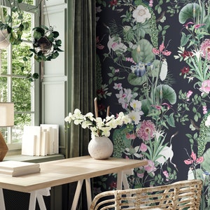 Dark Botanical Removable Wallpaper Peel and Stick Floral Wallpaper, Self Adhesive Flower Wallpaper, Bloom Wallpaper - Persefone