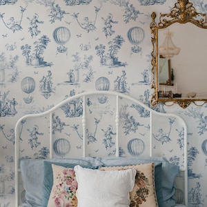 Carta da parati adesiva blu French Toile - Colore personalizzato, mongolfiera botanica vintage, giardino - Decorazione murale autoadesiva