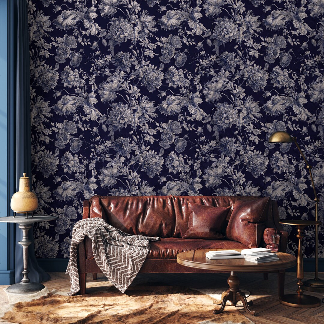 Vintage Dark Blue Wallpaper, Baroque Wall Mural, Peel and Stick Wall
