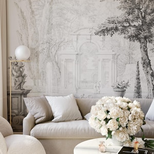 Vintage Tree Landscape Wallpaper: Black and White Self-Adhesive Wall Mural