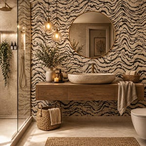 Könnte beinhalten: Ein Badezimmer-Waschtischbereich mit einem schwebenden Holzschrank, einem Steinwaschbecken, einem runden Spiegel mit Goldrahmen und zwei Glas-Pendelleuchten. Die Wand ist mit schwarz-weißem Wellenmuster-Tapete bedeckt, darunter ein geflochtener Korb.