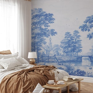 Papel de parede vintage azul Toile de Jouy: mural de paisagem removível e colante