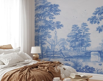 Vintage Blue Toile de Jouy Wallpaper: Peel and Stick Landscape Mural