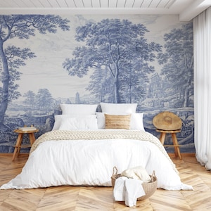 Papel pintado azul con paisaje de Capri, papel pintado vintage monocromático con diseño de paisaje, autoadhesivo, tamaño personalizado.