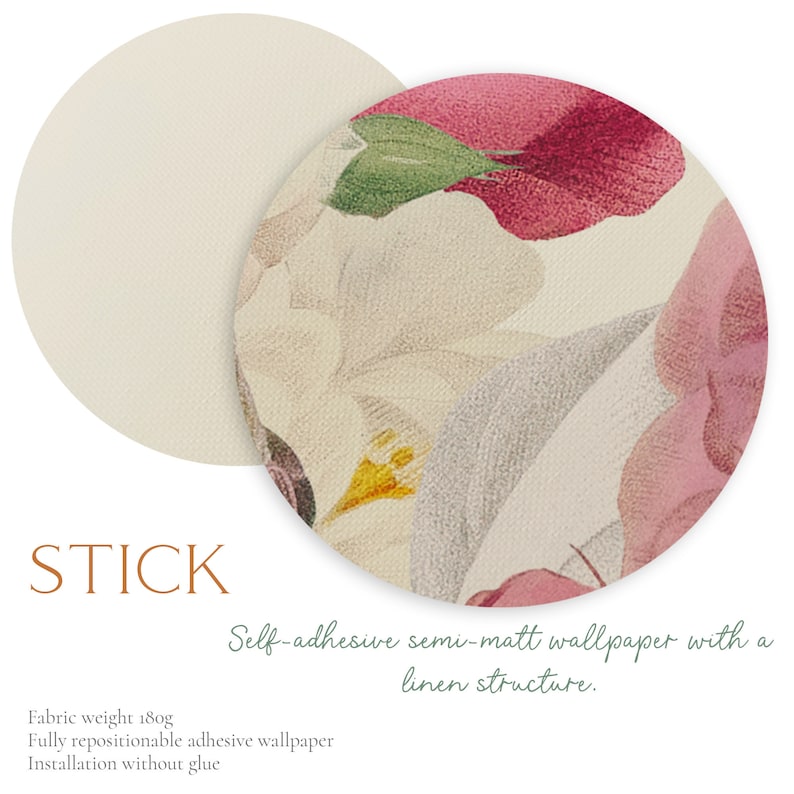 K&ouml;nnte beinhalten: Selbstklebendes, halbmattes Tapetenpapier mit Leinenstruktur. Stoffgewicht 180g. Vollst&auml;ndig repositionierbare Klebetapete. Installation ohne Kleber.