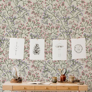 Carta da parati adesiva con piccoli fiori, carta da parati botanica, carta da parati autoadesiva floreale, carta da parati ad acquerello - RICAMO