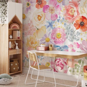 Papier peint autocollant fleurs de jardin bohème, impression sticker mural floral Blush pastel, papier peint floral sauvage aquarelle, floral doux aquarelle
