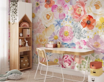 Boho Floral Peel and Stick Wallpaper: Pastel Watercolor Garden