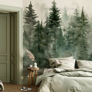 FOREST wall mural, Watercolor foggy Pine Tree Forest Mountains, Woodland Decal, Peel and Stick Wallpaper, Self Adhesive - Custom Sizes Mural