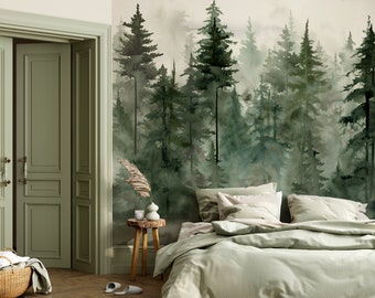 BOS muurschildering, aquarel mistige dennenboom bos bergen, bosrijke sticker, Peel en Stick behang, zelfklevend - aangepaste maten muurschildering