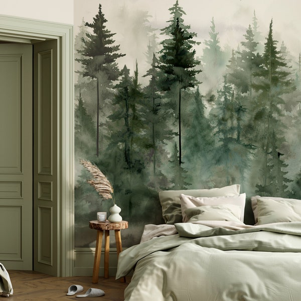 FOREST wall mural, Watercolor foggy Pine Tree Forest Mountains, Woodland Decal, Peel and Stick Wallpaper, Self Adhesive - Custom Sizes Mural