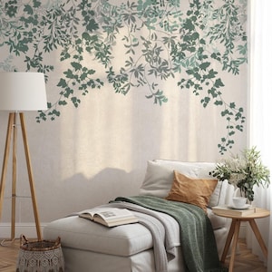 Green Leaf Peel and Stick Wallpaper - Leaves Branches Removable Wall Decal - Boho Watercolor Floral Botanical Self Adhesive