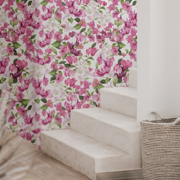 Botanisch behang bougainvillea, schilderachtige eilandmuurschildering, Boho zelfklevende muurschildering, bloemenwaterverfbehang