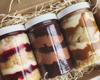 Vegan Cake Jars (box of 3) / multiple flavours / postal box / birthday / plant based / food gift / biscoff / chocolate / treat yourself /