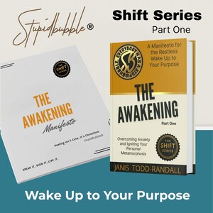 May include: Two books titled "The Awakening" are displayed. One is a white softcover with orange text, the other is a hardcover with a yellow and white cover. The books are part of "The Shift Series" and promote waking up to your purpose.