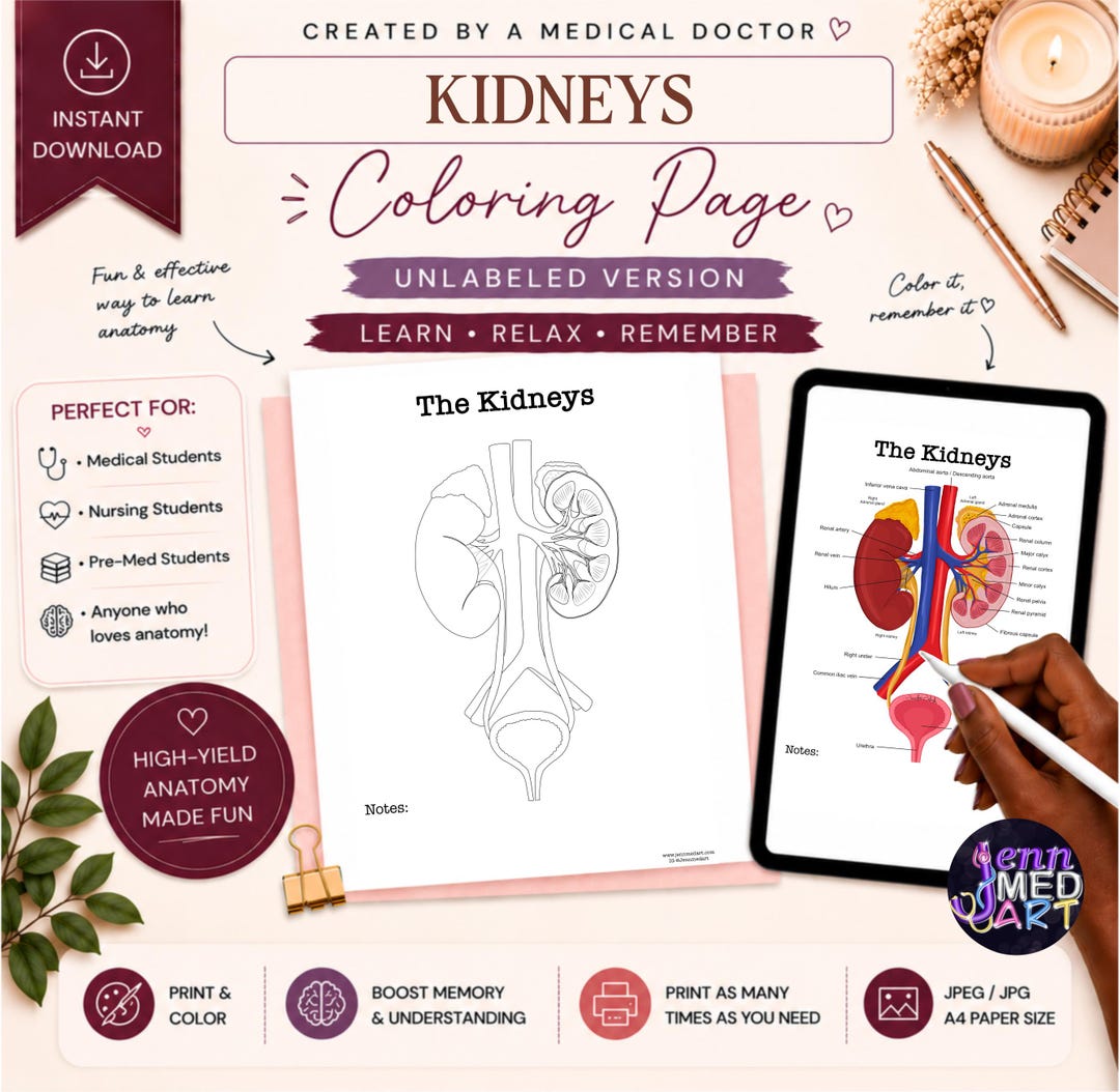 Kidneys Coloring Page | Unlabeled | Renal Anatomy Study Guide | Nursing ...