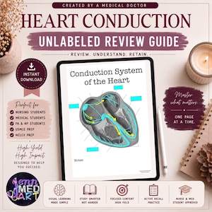 Op de afbeelding: Een digitale reviewgids getiteld "Heart Conduction Unlabeled Review Guide" met een diagram van het geleidingssysteem van het hart. De gids is ontworpen voor verpleegkundestudenten en medische studenten. De afbeelding bevat de tekst "Direct downloaden" en "Master what matters. Eén pagina per keer."
