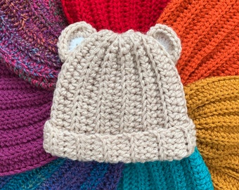 Cosy Crochet Hat | Rainbow Colours | All Sizes | Bear Hat | Chunky Yarn |