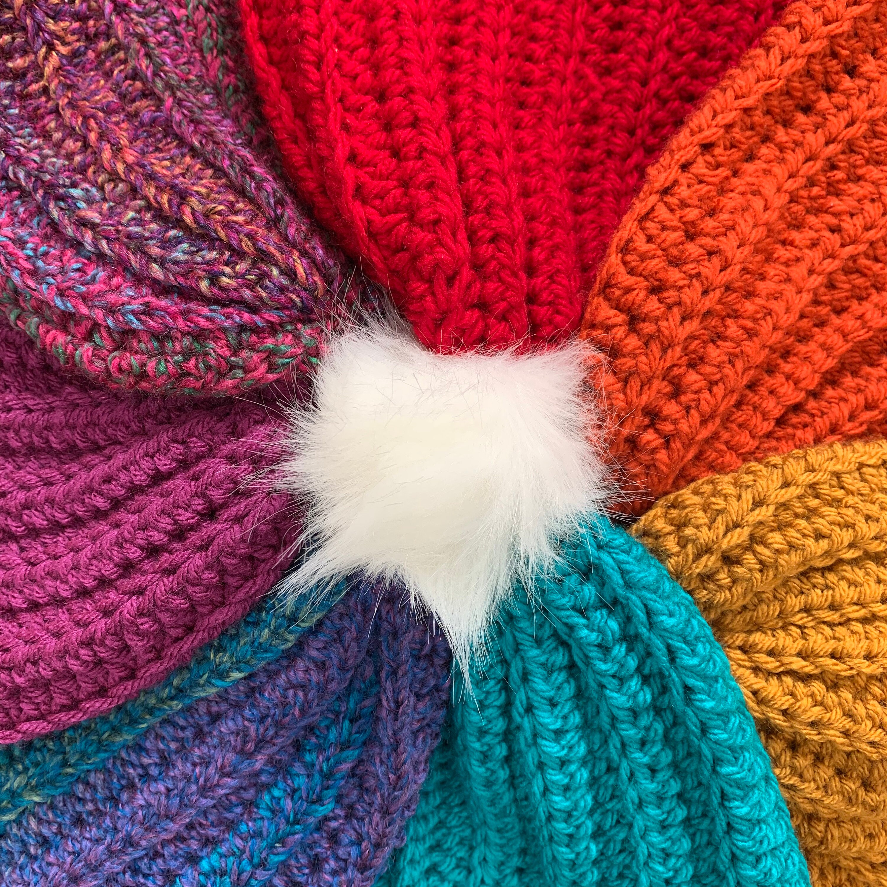 Cosy Crochet Hat | Rainbow Colours | All Sizes | Faux Fur Pompom | Chunky Yarn| Hats for the Homeless