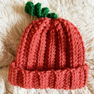 May include: A crocheted pumpkin hat with a green stem. The hat is a deep orange colour and has a ribbed texture.