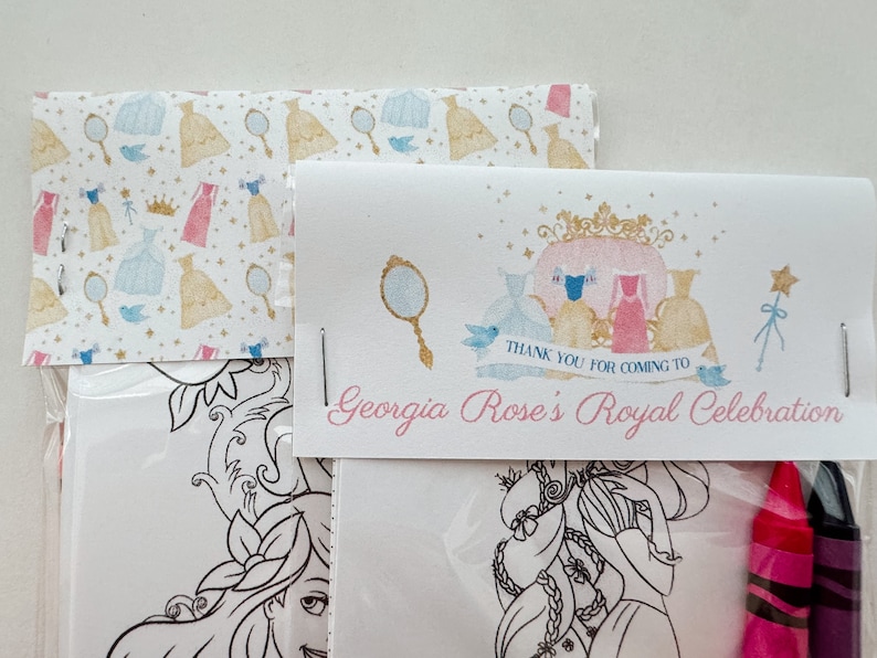Princess Party Favors, Custom Princess Party Favor Mini Coloring Sheets & Crayon, Princess Party Guest Gift, Princess Coloring party gift image 4