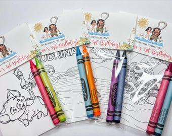 Moana Coloring Party Favors, Custom Birthday Activity Bag, 4 Pages, 2 Crayons