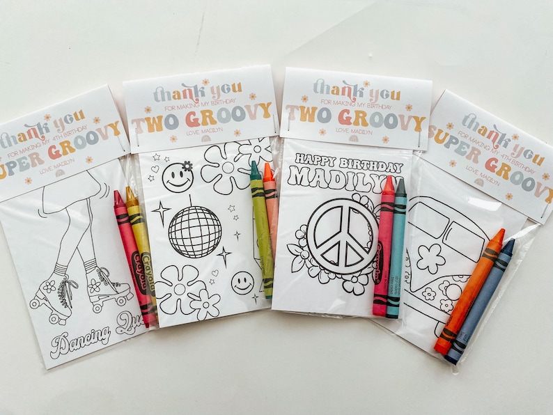 May include: Four colourful thank you bags with colouring pages and crayons. The bags feature the text "Two Groovy" and "Super Groovy" with a peace sign, a disco ball, a flower, and a van.