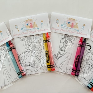 Princess Party Favors, Custom Princess Party Favor Mini Coloring Sheets & Crayon, Princess Party Guest Gift, Princess Coloring party gift