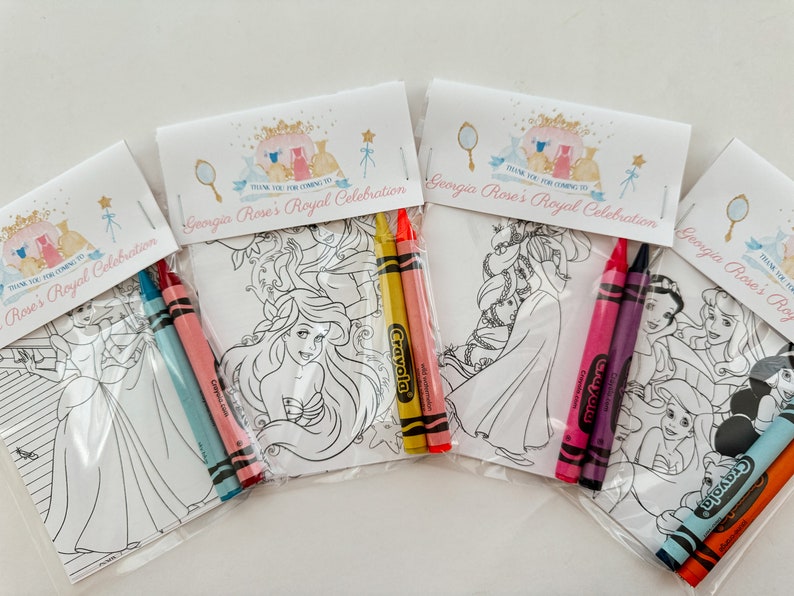 Princess Party Favors, Custom Princess Party Favor Mini Coloring Sheets & Crayon, Princess Party Guest Gift, Princess Coloring party gift image 1