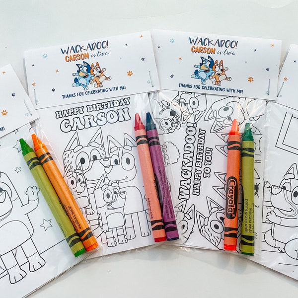 Bluey Party Favors, Bluey Puppy Party Favor Mini Coloring Sheets & Crayons, Wackadoo Bluey Party Favor, Wackadoo Birthday Party Favor