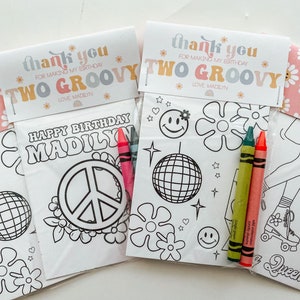 May include: Three colourful thank you cards with a groovy theme. The cards feature a peace sign, a disco ball, and a girl on roller skates. The cards are decorated with daisies and hearts. The text on the cards reads "Thank you for making my birthday two groovy." and "Love Madilyn".