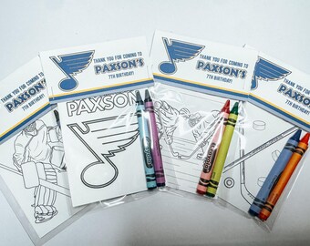 Custom Hockey Team Coloring Favors, Birthday Party (4 Pages, 2 Crayons)