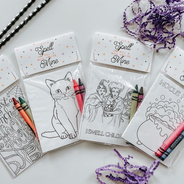 Hocus Pocus Halloween Party Favor Mini Coloring Sheet with Crayons, Hocus Pocus class party Favor, Boo Basket Filler, Boo Basket Party Favor