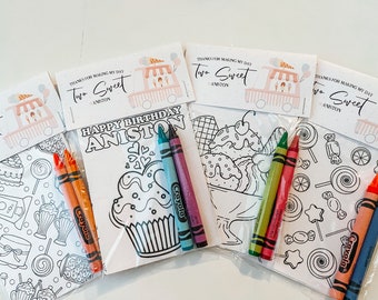 Two Sweet Party Favors, Sweet Shop Party Favor Mini Coloring Sheets & Crayons, Cookies and Cupcakes Party Favor, Sweet Birthday Party Favor