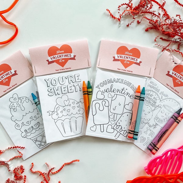 Sweet Shop Valentines mini feuilles de coloriage avec crayons, faveurs de la Saint-Valentin en classe, faveur de la Saint-Valentin à colorier personnalisée, cadeau panier de la Saint-Valentin