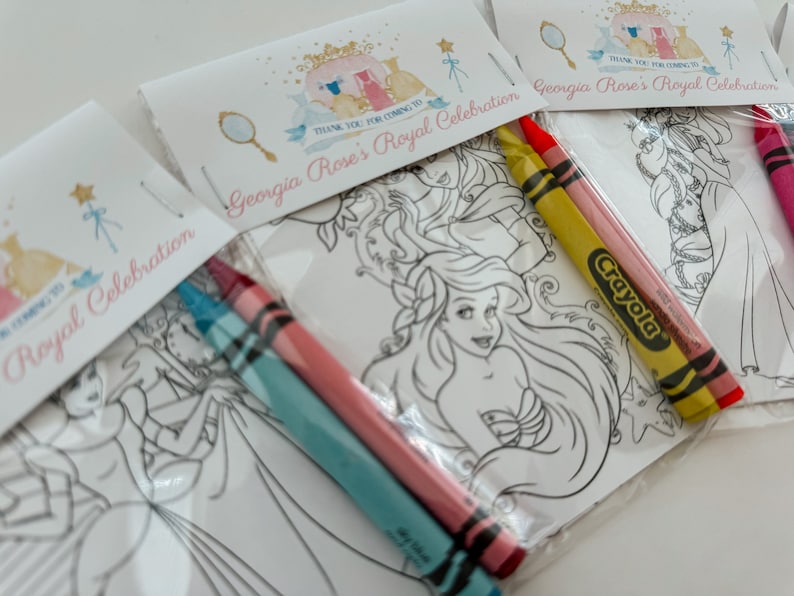 Princess Party Favors, Custom Princess Party Favor Mini Coloring Sheets & Crayon, Princess Party Guest Gift, Princess Coloring party gift image 2